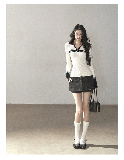 AOMALM - "Soft Moonlight" Cream Almond White American Long-Sleeve Polo Knit Top