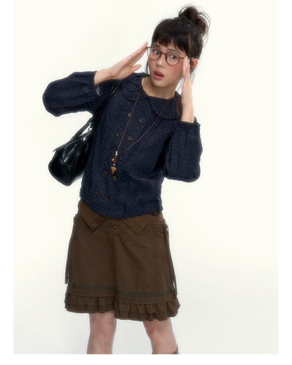 “Wild Caramel” Brown Washed Layered Ruffle Bow Pocket A-Line Skirt
