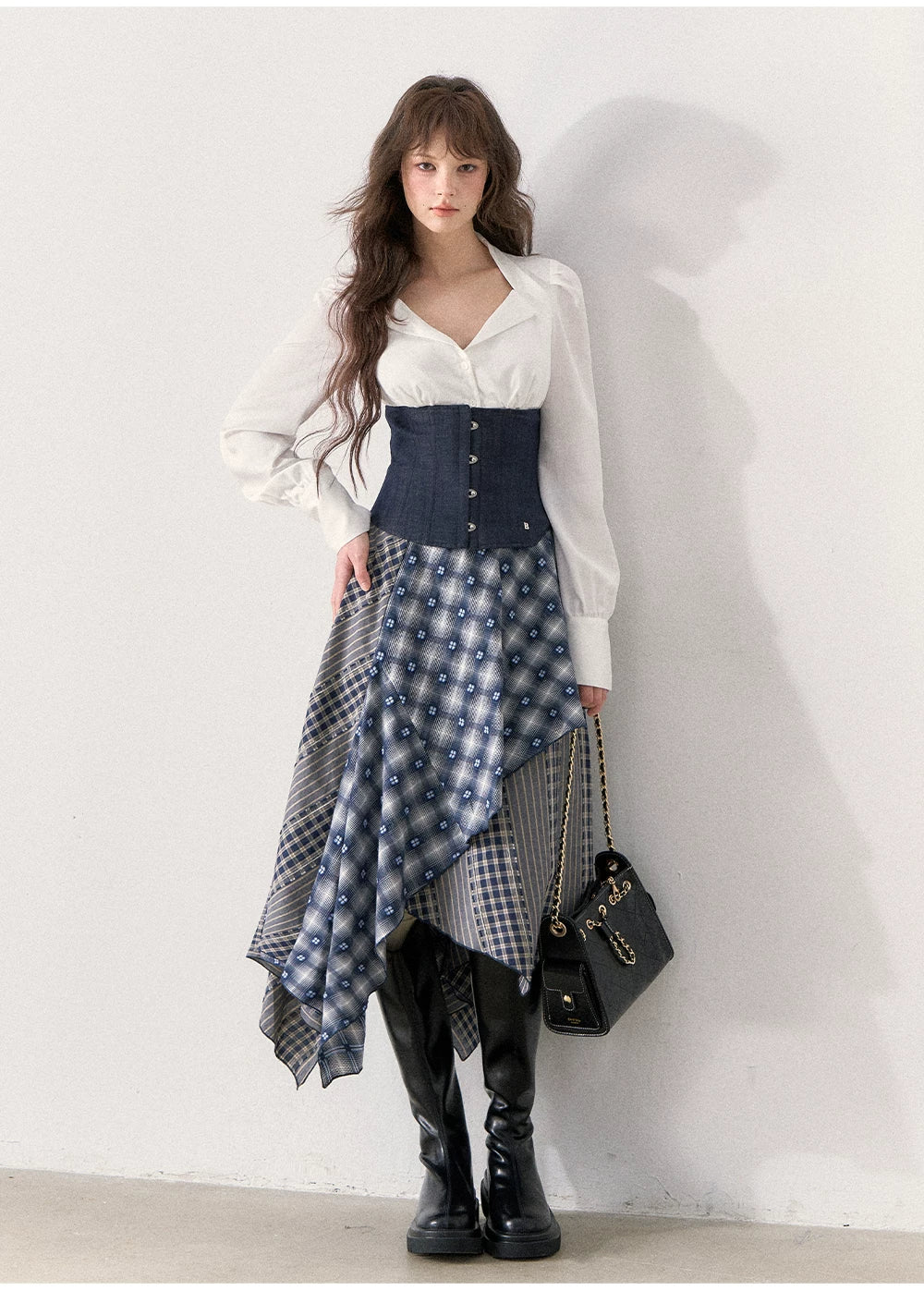 [TMMG] Retro Sweetheart Collar Shirt & Denim Corset Waist Belt Asymmetric Plaid Skirt Set