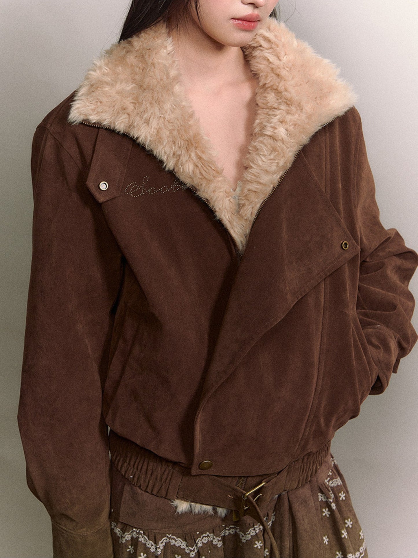 Soote Season - “Melard Mood” Retro Faux Suede Shearling-Trim Biker Jacket - Deep Roast Brown