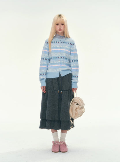 [CAN] Blue Fair Isle Cropped Wool Cardigan (100% Sheep Wool)