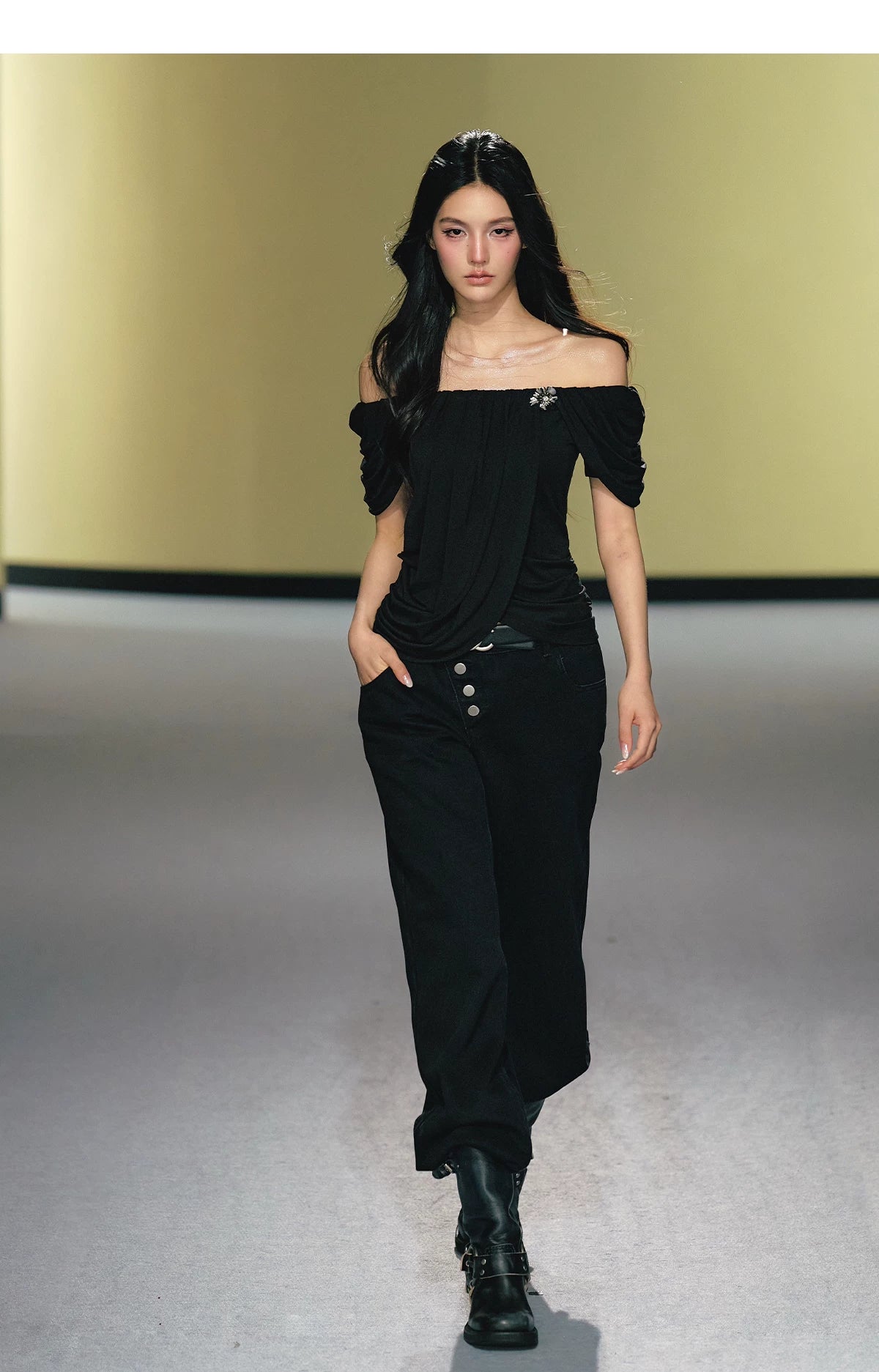 "Midnight Bloom" Black Lyocell Off-Shoulder Ruched Top