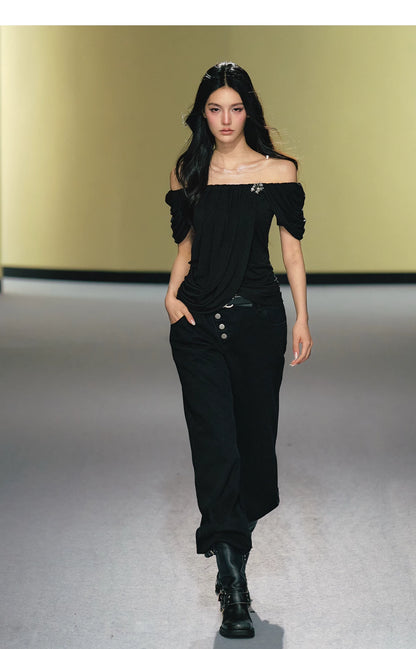 "Midnight Bloom" Black Lyocell Off-Shoulder Ruched Top