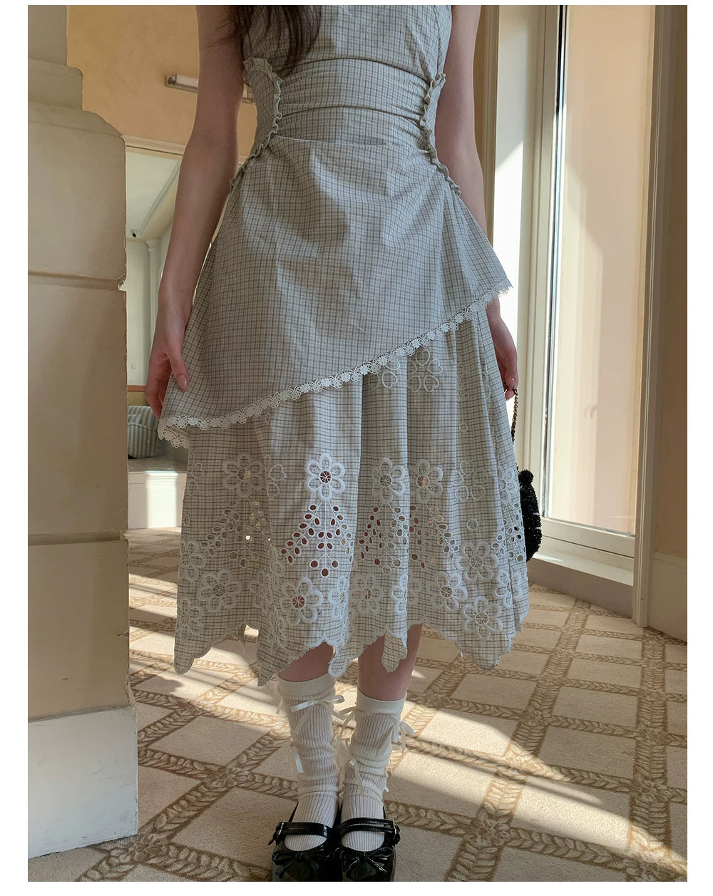 “Tea Garden Reverie” Light Apricot Plaid Embroidered Dress