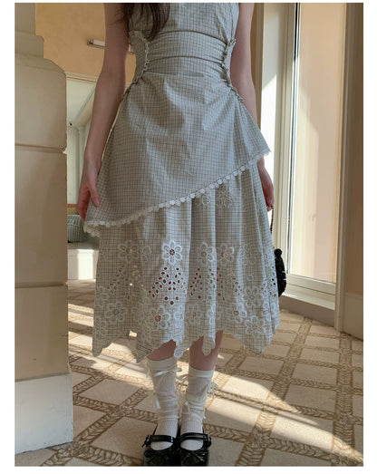 “Tea Garden Reverie” Light Apricot Plaid Embroidered Dress