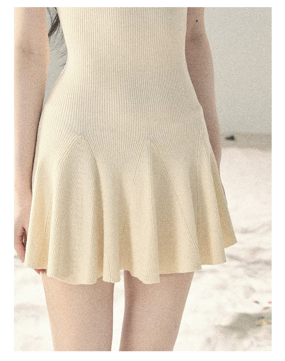 "First Date" Ivory Square Neck Knit Pleated Mini Dress