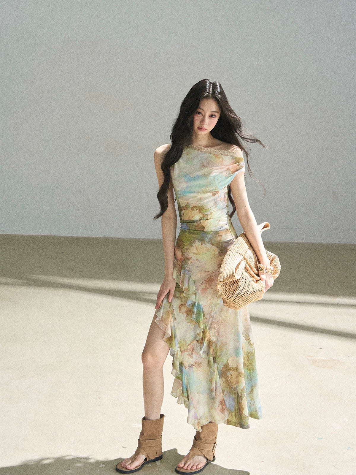 "Daisies & Poppies" Misty Meadow Off-Shoulder Lace Maxi Dress