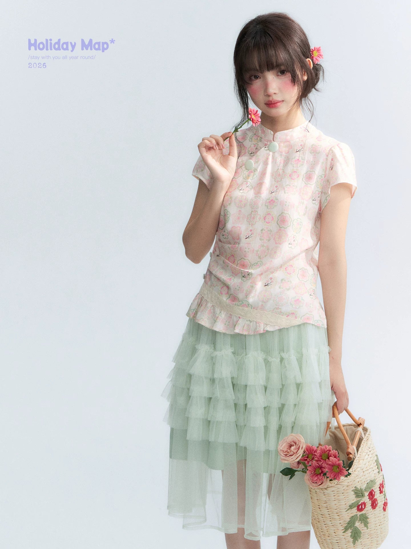 "Lime Mille-Feuille Glow" Peach Mist Chinese-Inspired Short Sleeve Top & Lime Green Tulle Tiered Skirt Set