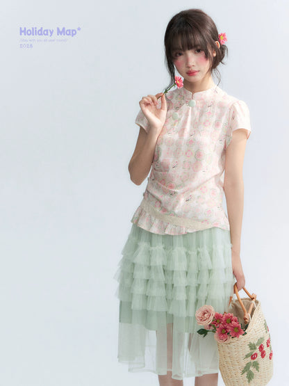"Lime Mille-Feuille Glow" Peach Mist Chinese-Inspired Short Sleeve Top & Lime Green Tulle Tiered Skirt Set
