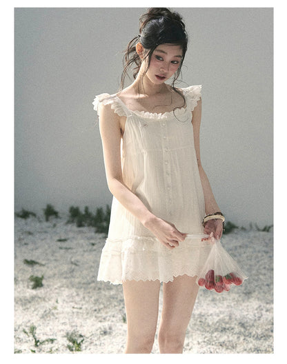 "Shimmer Along the Hem" Cloud White Lace Flutter Sleeve Babydoll Mini Dress 53413