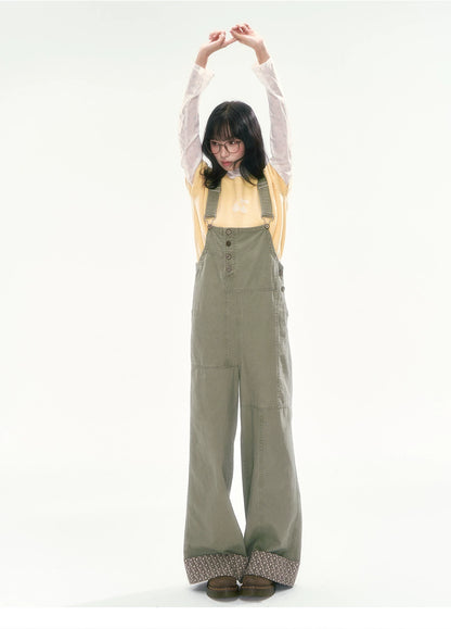 [CAN] Olive Green Floral-Trim Cargo Overalls