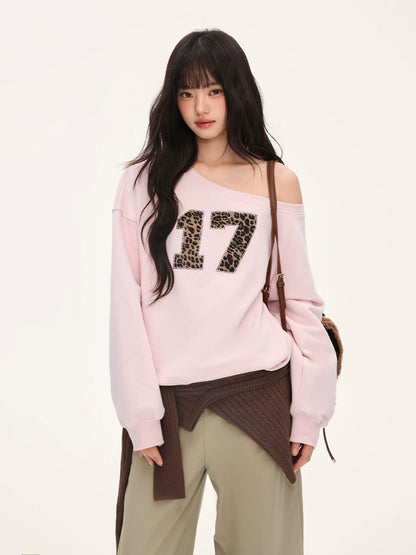 "Pink Panther Mood" Blush Pink Leopard Patch One-Shoulder Sweatshirt