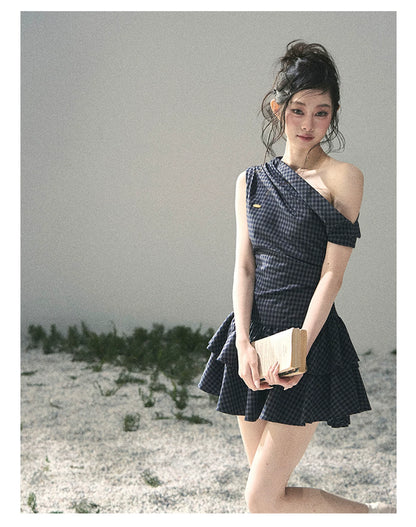 "Moonlit Bellflower Reverie" Navy Plaid One-Shoulder Mini Dress 567474