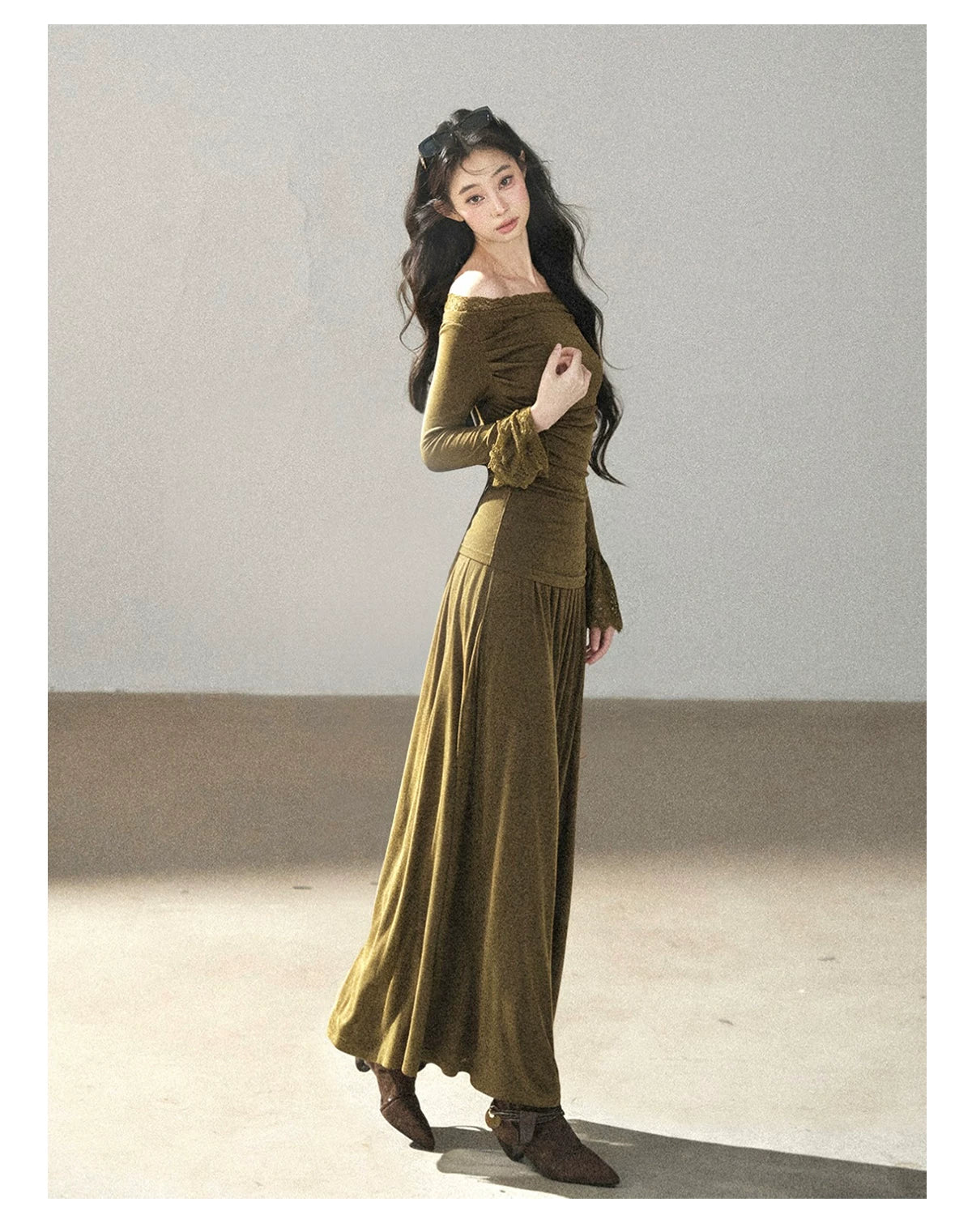 AOMALM - Terracotta Brown Lace Trim Knit Top and Maxi Skirt Set