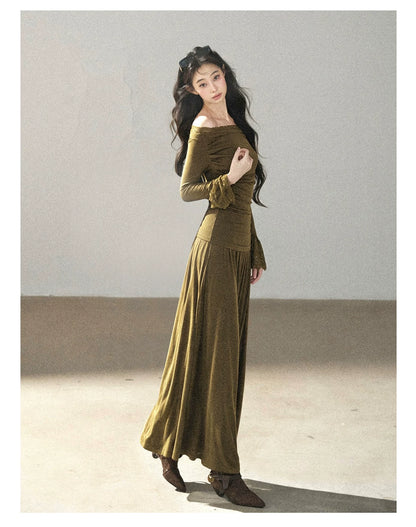 AOMALM - Terracotta Brown Lace Trim Knit Top and Maxi Skirt Set