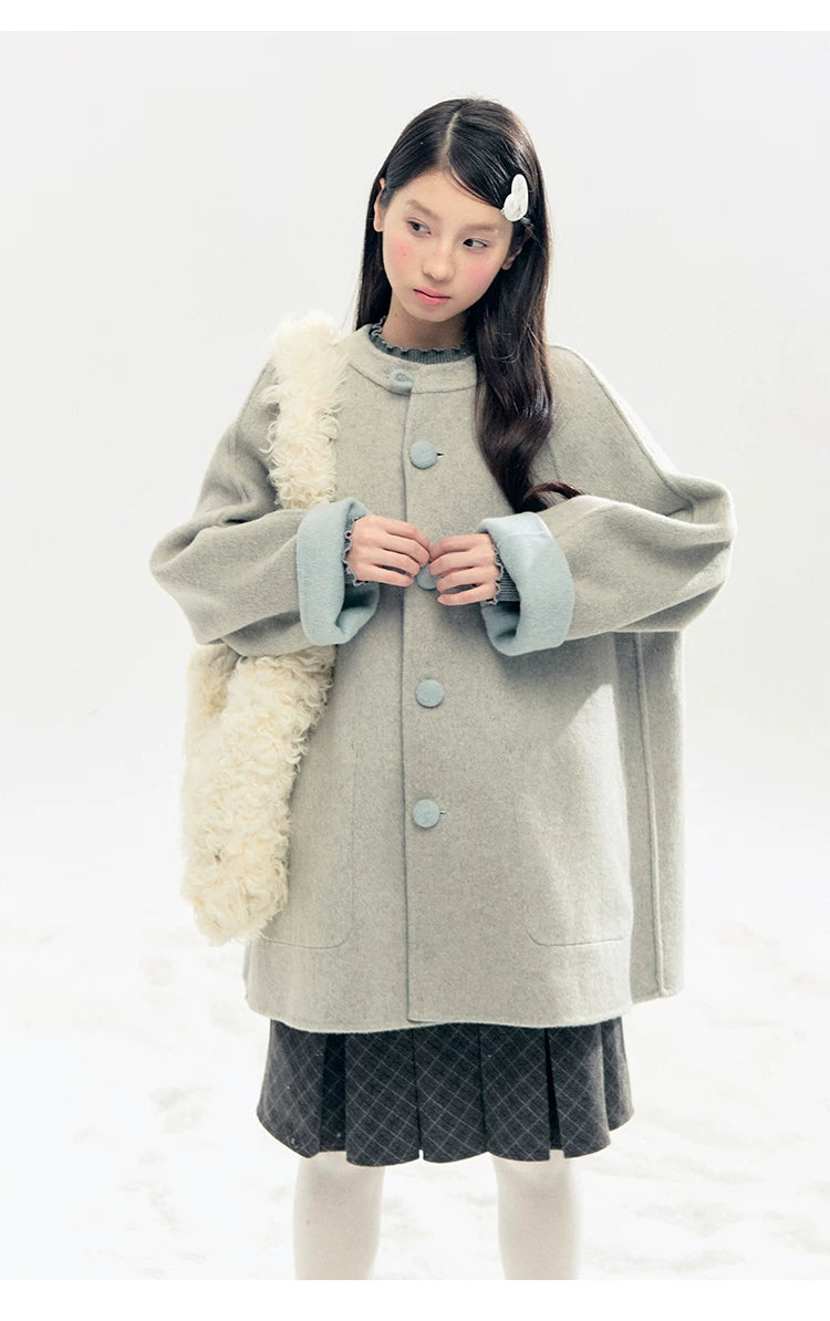 "Double Winter Embrace" Blue & Gray Reversible Wool-Blend Cape Coat