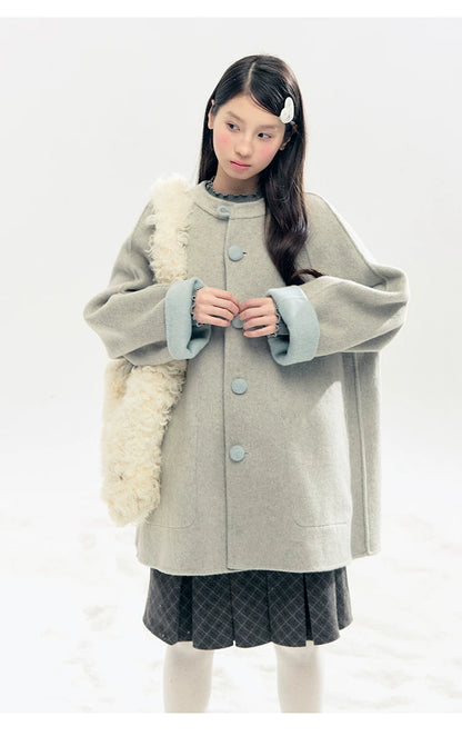 "Double Winter Embrace" Blue & Gray Reversible Wool-Blend Cape Coat