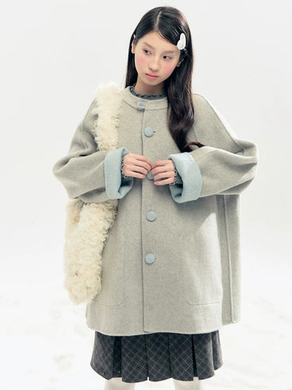 "Double Winter Embrace" Blue & Gray Reversible Wool-Blend Cape Coat