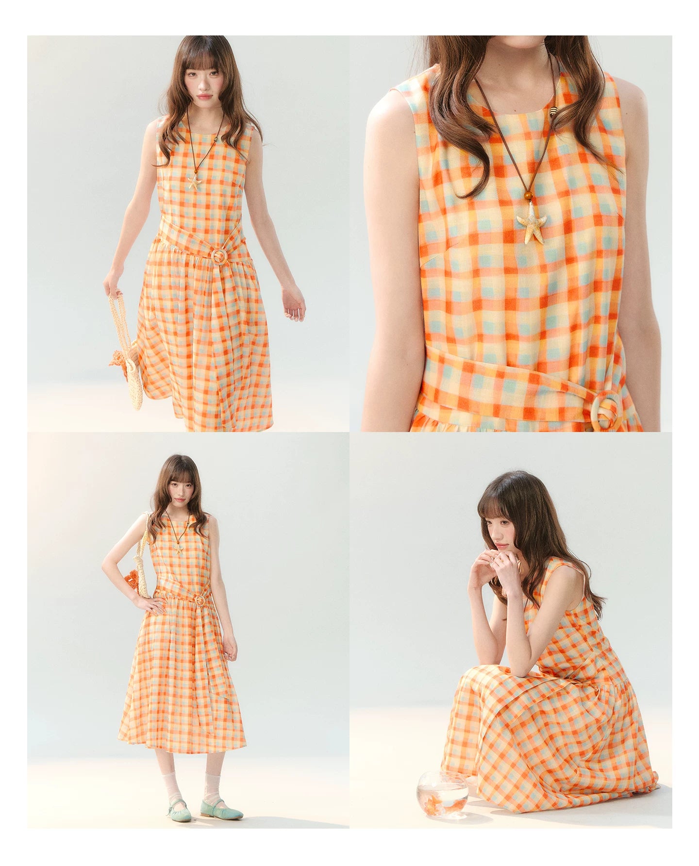 "Orange Sugar Cube" Tangerine Plaid Tie-Waist Sleeveless Dress SH2026201