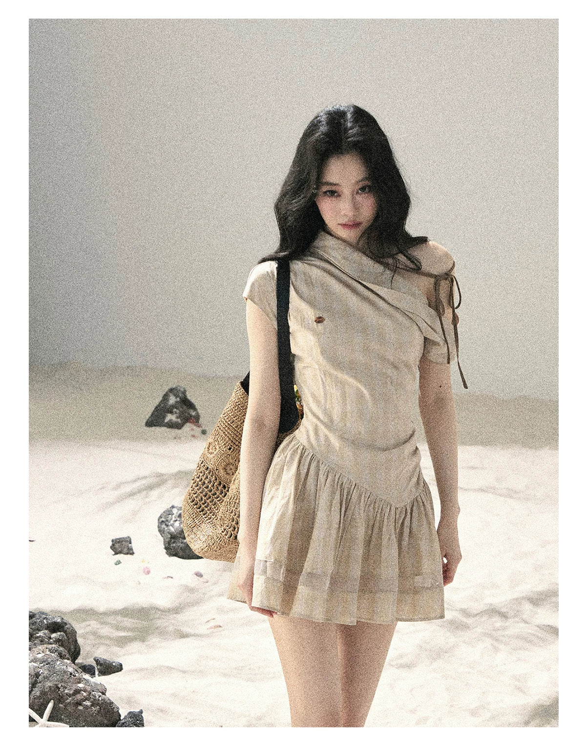 "Traces Left by the Wind" Sand Beige Off-Shoulder Plaid Puff Mini Dress