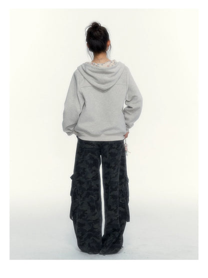 “Early Gray” Light Gray Striped Lace-Trimmed Fitted Long-Sleeve Top