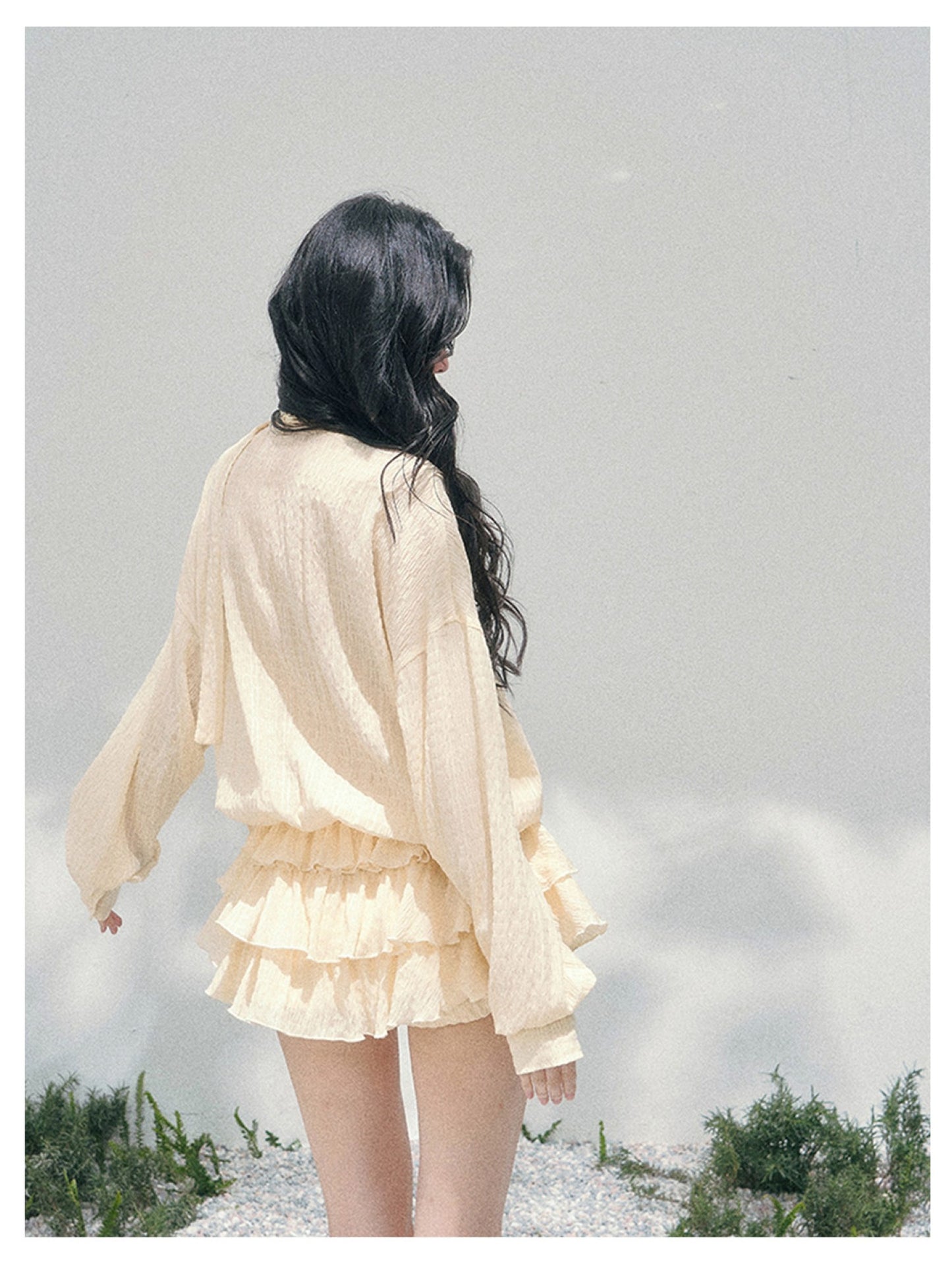 少也眼 “Evening Breeze Skirt” Milkshake Yellow Tiered Chiffon Mini Dress with Scarf Tie & Shorts 534583