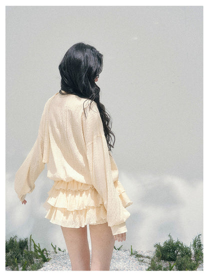 少也眼 “Evening Breeze Skirt” Milkshake Yellow Tiered Chiffon Mini Dress with Scarf Tie & Shorts 534583