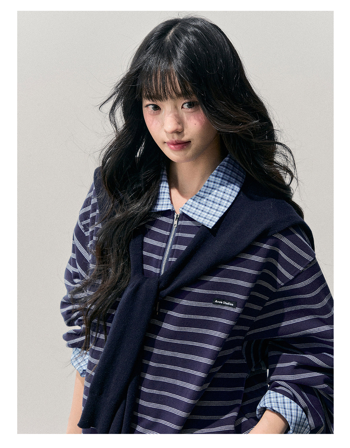 少也眼 “She Fades into Blue” Faux-Layered American Stripe Polo Top 54542