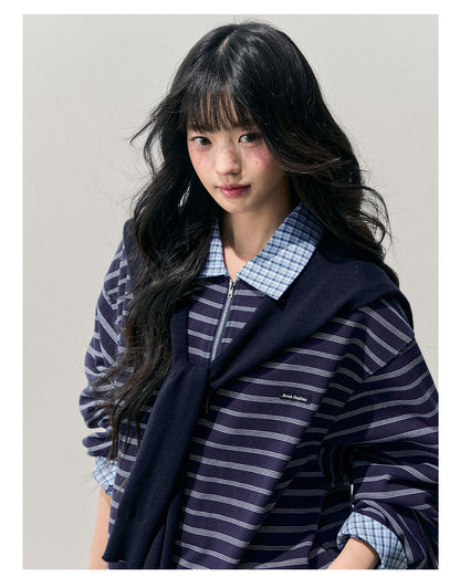 少也眼 “She Fades into Blue” Faux-Layered American Stripe Polo Top 54542
