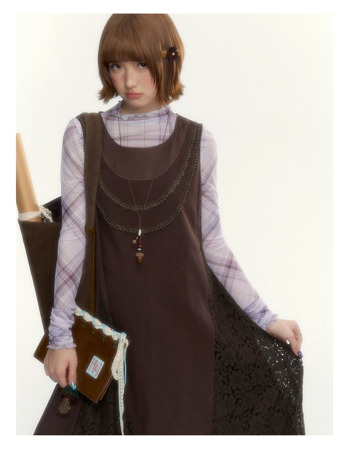 "Caramel Afterglow" Cocoa Brown Lace-Trim A-Line Dress Set with Purple Plaid Layering Top
