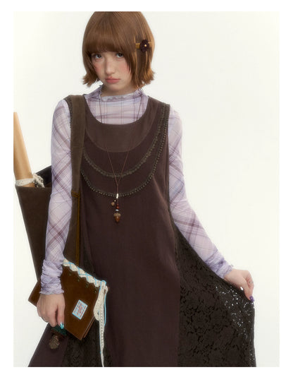 "Caramel Afterglow" Cocoa Brown Lace-Trim A-Line Dress Set with Purple Plaid Layering Top