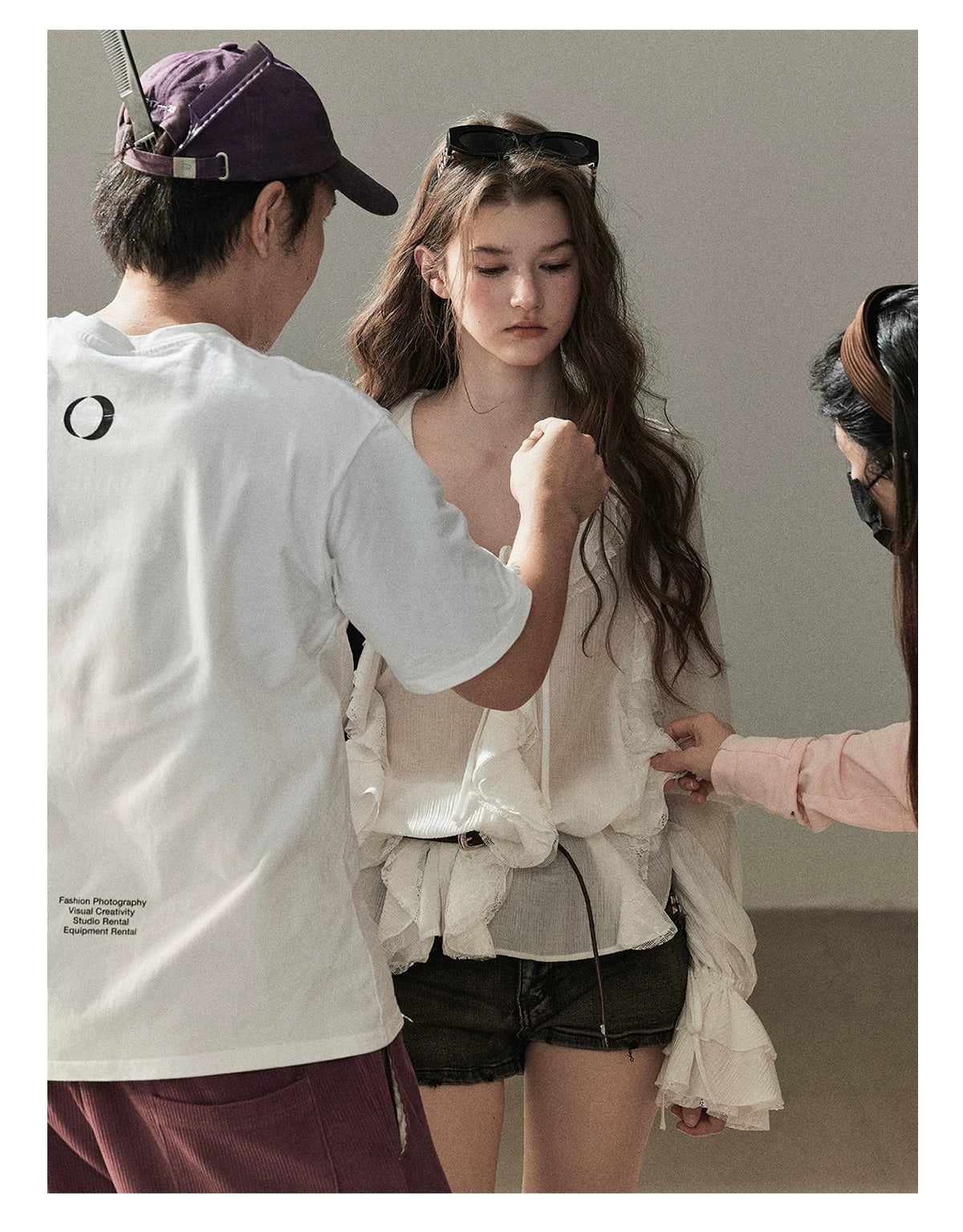 AOMALM - "A Featherlight Touch" French Camellia White Lace Chiffon Top with Belt (Camellia / Oatmeal / Cinnamon Pink)