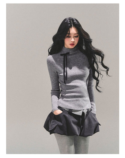 少也眼 “Velvet Touch” Semi-Turtleneck Long Sleeve Knit Top - Gray 586255478