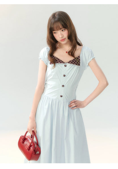 "Sakura Breeze Journal" Sea Blue Plaid Collar Dress LL2026226