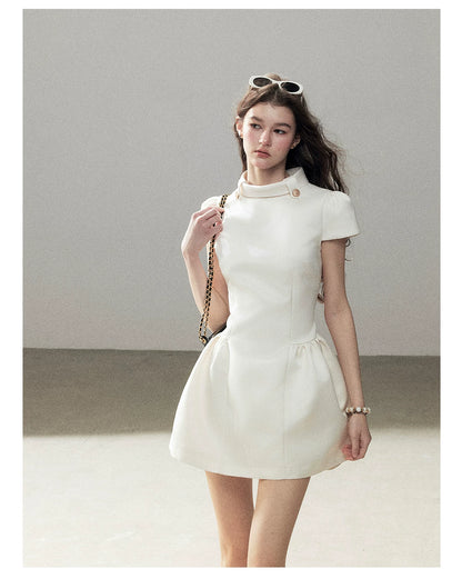 "Light Above the Clouds" Cream Ivory Satin Fit & Flare Mini Dress