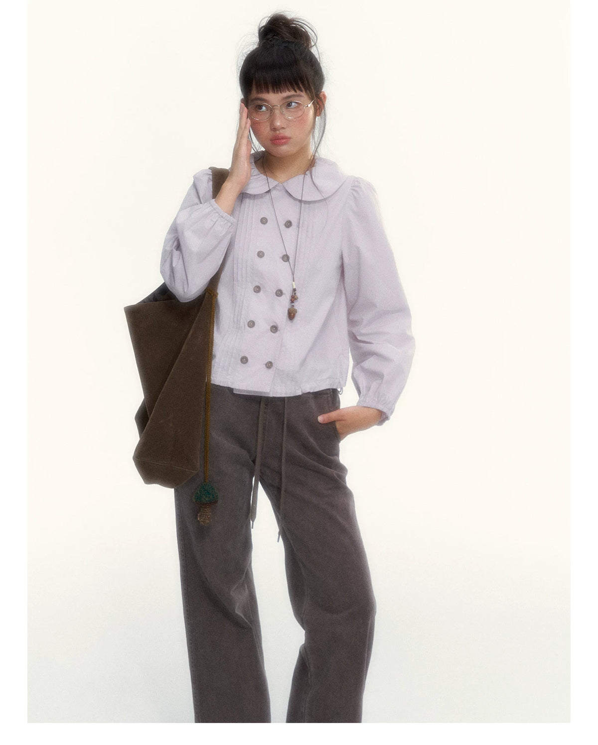 “Academy Melody” Navy Plaid & Dusty Purple Peter Pan Collar Cotton Shirt (Navy Plaid / Dusty Purple)