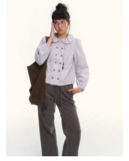 “Academy Melody” Navy Plaid & Dusty Purple Peter Pan Collar Cotton Shirt (Navy Plaid / Dusty Purple)