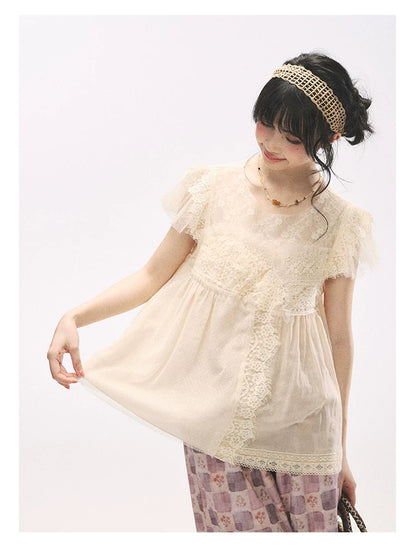 "Apricot Blossom Letter" Oatmeal Lace Patchwork Short Sleeve Blouse