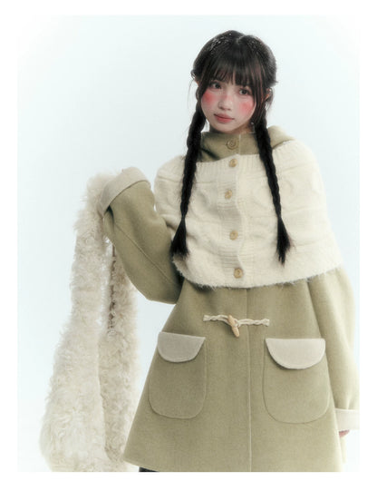 Horridale - Moss Green and Cream Reversible Hooded Wool Coat