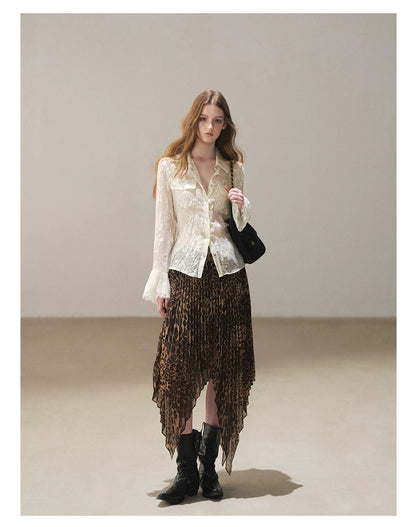 AOMALM - “Cocoa Leopard” Pleated Asymmetric Midi Skirt