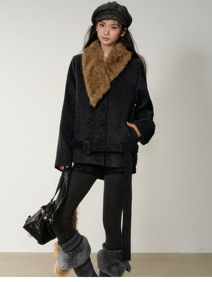 Soote Season - “Retro Twill Grace” Asymmetrical Faux Fur Collar Double-Breasted Wool Coat