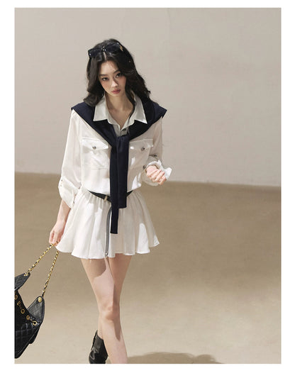 AOMALM - "Moonlight Sinks into the Sea" High-Intellect Utility Shirt Dress (Plain White / Navy Blue, with Belt & Optional Shawl)