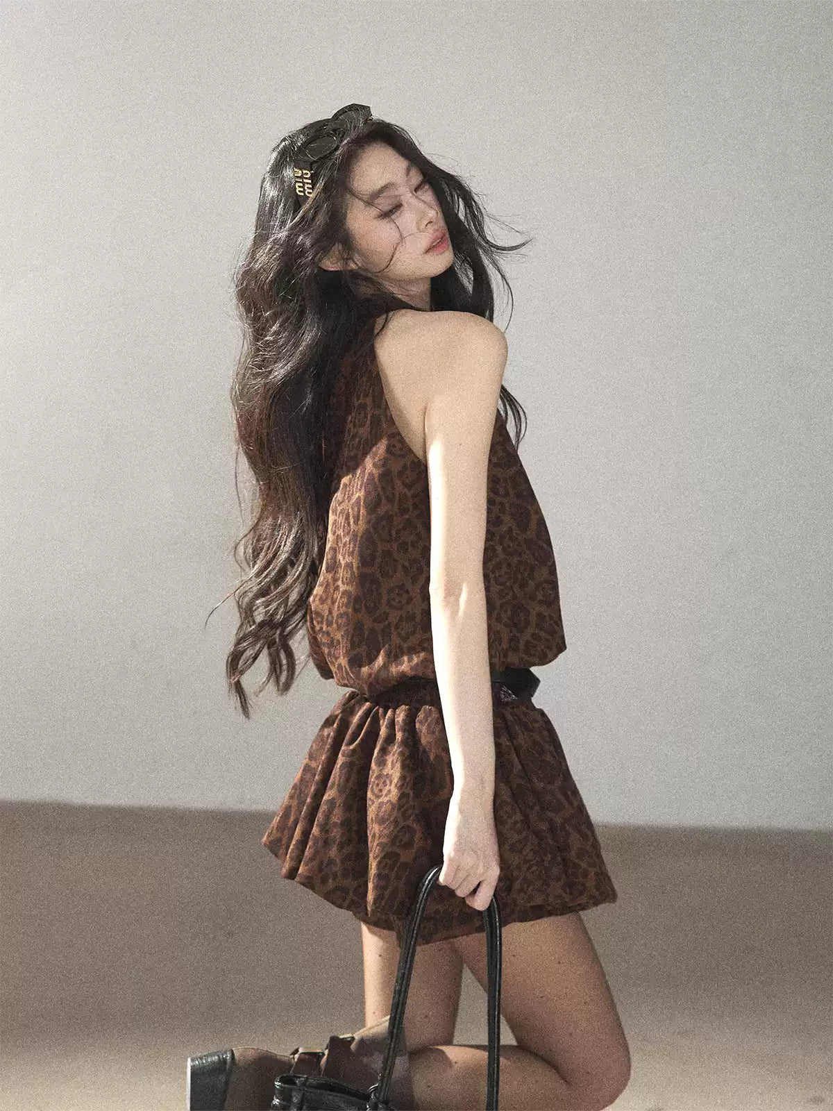AOMALM - Merlot Leopard Print Bubble Sleeve Dress with Vintage Belt