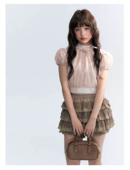 Vintage Stand Collar Bow Puff Sleeve Waist-Cinching Blouse with Knit Cami Set