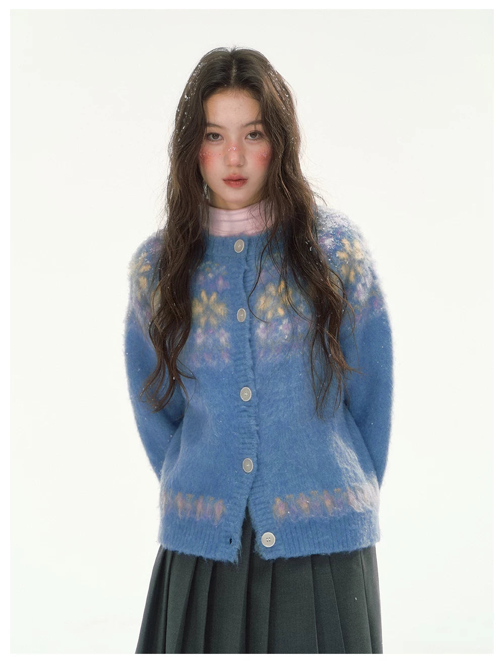 CANSTORE - "Blue Sky Echo" Fair Isle Bow Jacquard Knit Cardigan