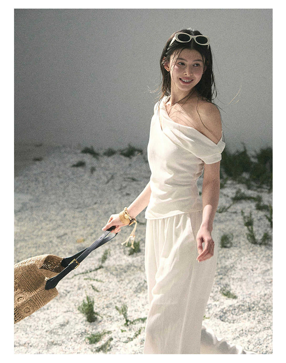 “Cloud Threads Falling at the Shoulder” Ivory Linen-Blend Two-Piece Set