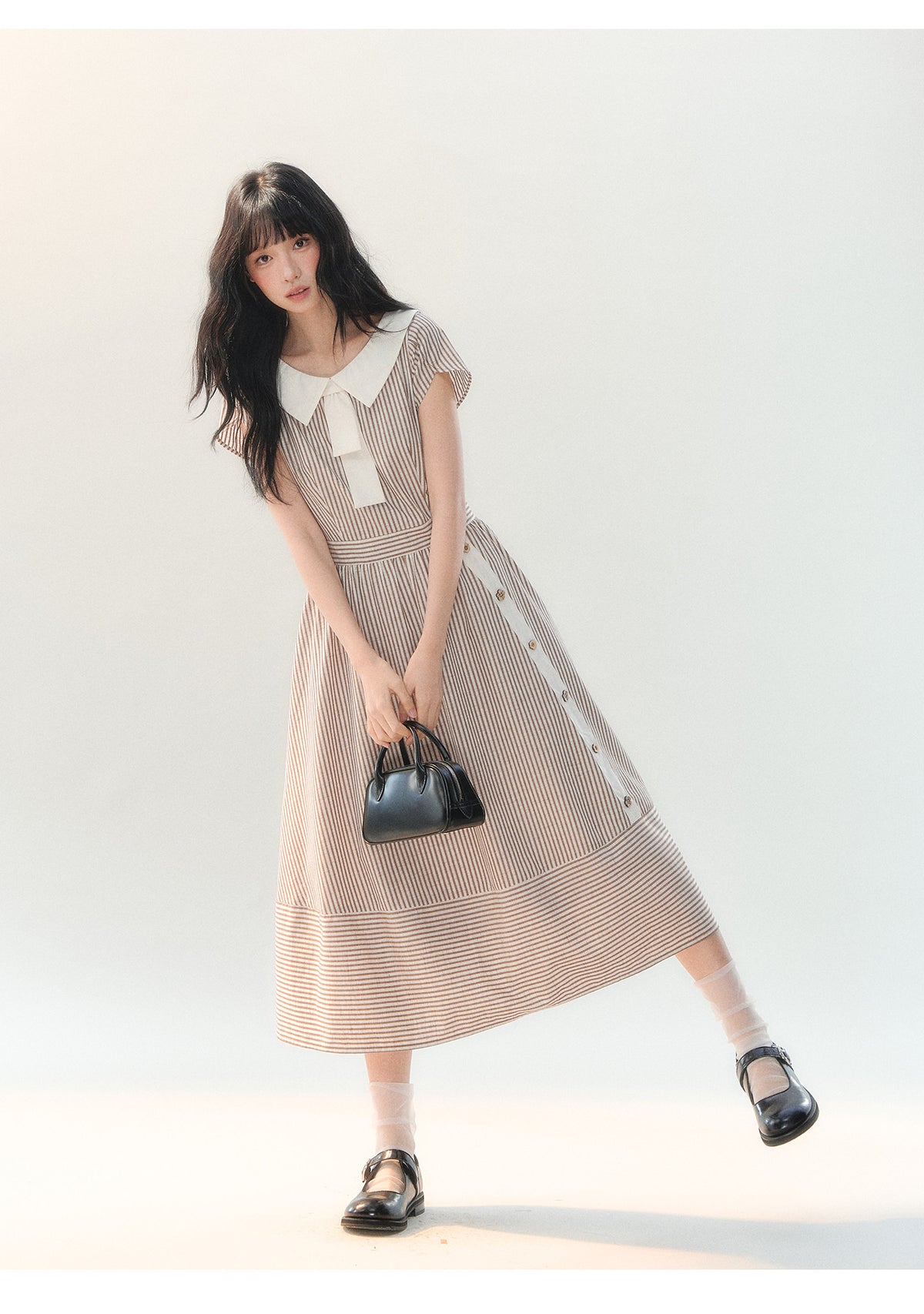 [CAN] "Coffee Meets Cream" Mocha Stripe Bow Collar Dress