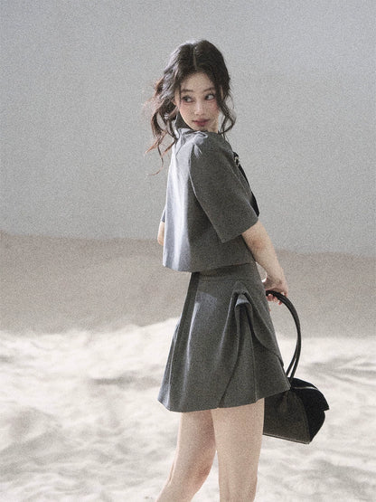 "Paris Afternoon" Slate Gray Bow Top & A-Line Mini Skirt Two-Piece Set