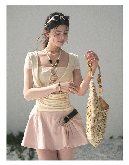 “Soft Veil Muse” Cream Apricot Layered Halter Lace Top