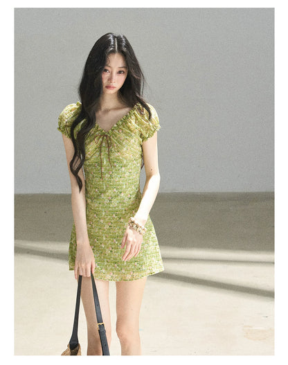 "Breath of the Forest" Misty Sage Embroidered Chiffon Mini Dress